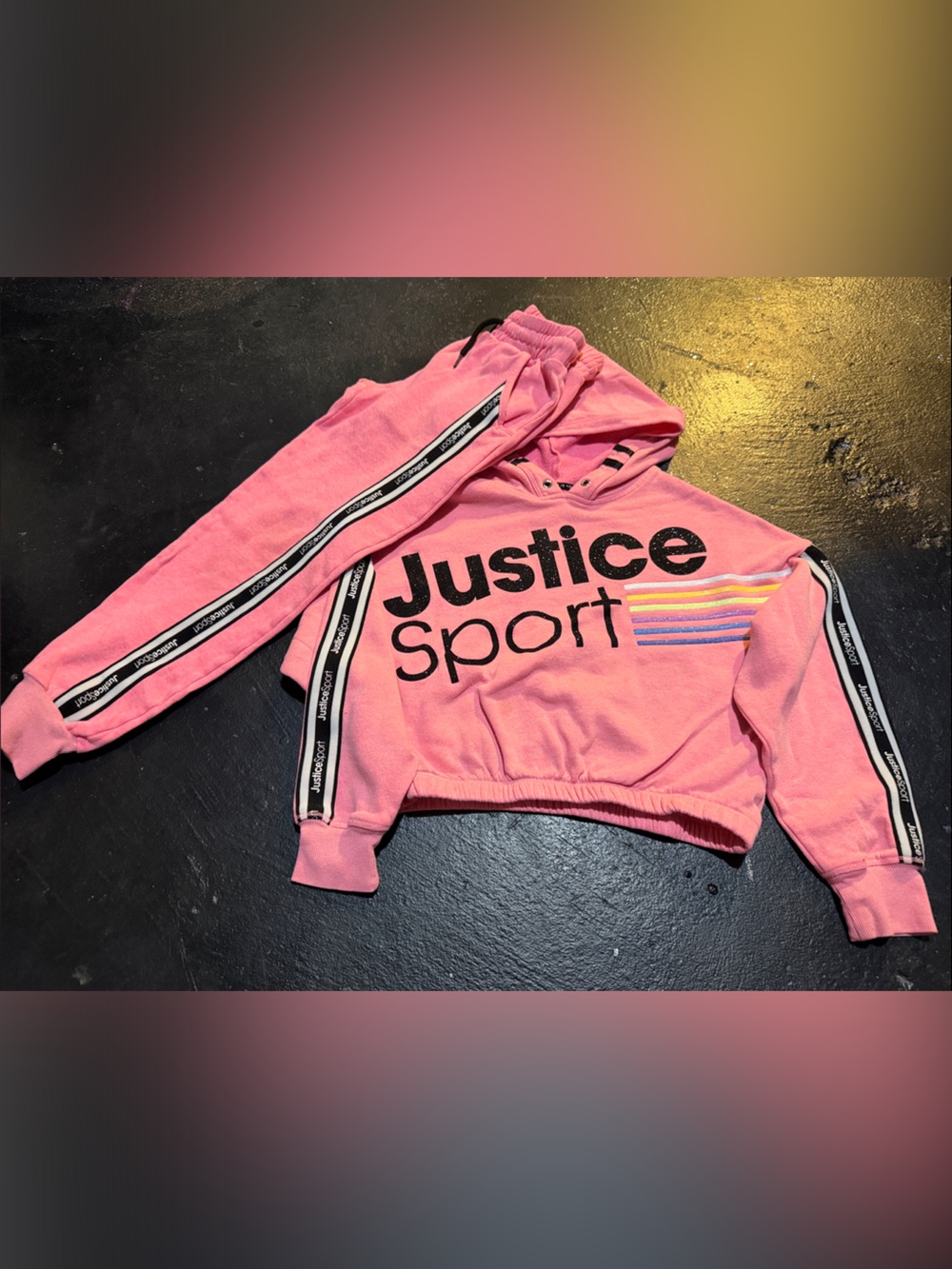 Justice Pink Logo Hoodie & Pants Set w/ Rainbow Stripe